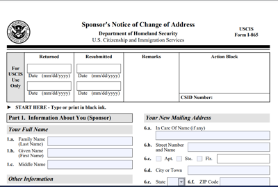 Form I-865, Sponsor's Notice of Change of Address,