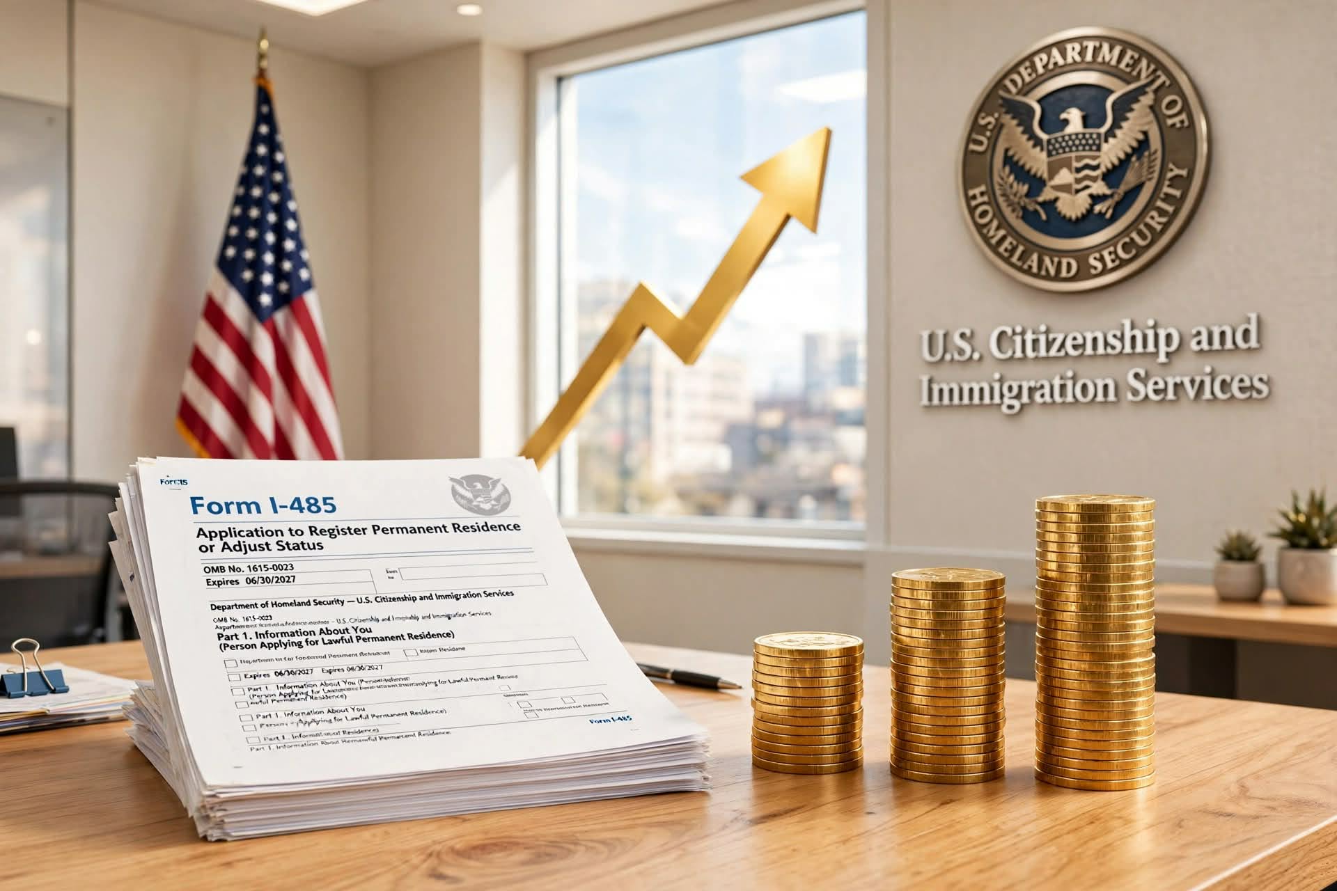 Illustration of rising filing costs with Form I-485, coins, and a USCIS sign.