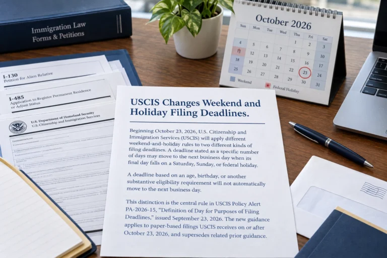 USCIS weekend and holiday filing-deadline notice beside immigration forms and an October 2026 calendar.