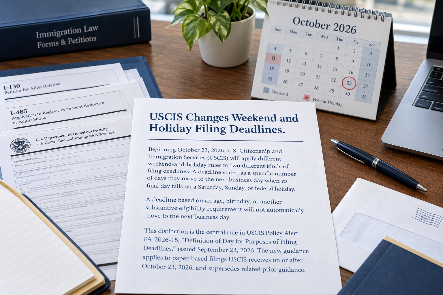 USCIS weekend and holiday filing-deadline notice beside immigration forms and an October 2026 calendar.