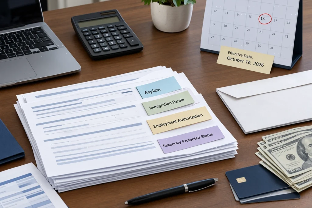 Immigration application forms, calculator, and calendar marking October 16, 2026.