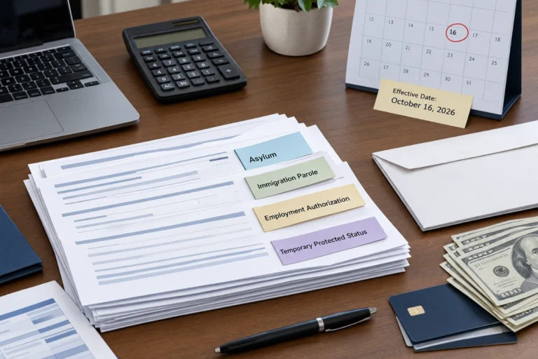 Immigration application forms, calculator, and calendar marking October 16, 2026.