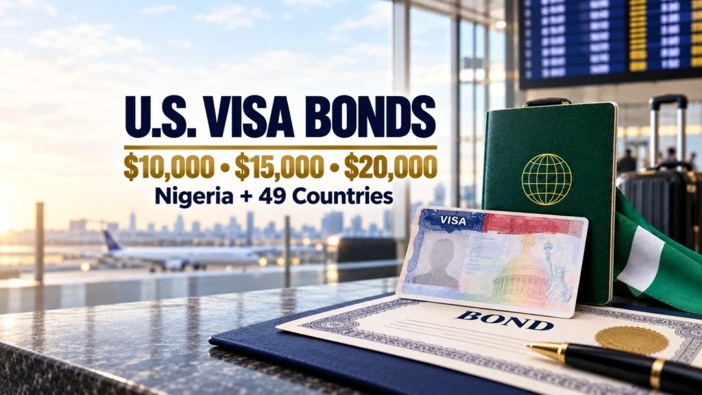 U.S. visa bonds of $10,000, $15,000, or $20,000 for Nigeria and 49 other countries, illustrated with a passport, visa, and Nigerian flag.