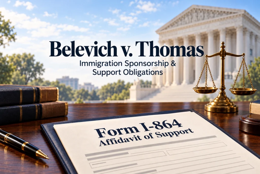 Belevich v. Thomas case illustration showing Form I-864, Affidavit of Support, and scales of justice.