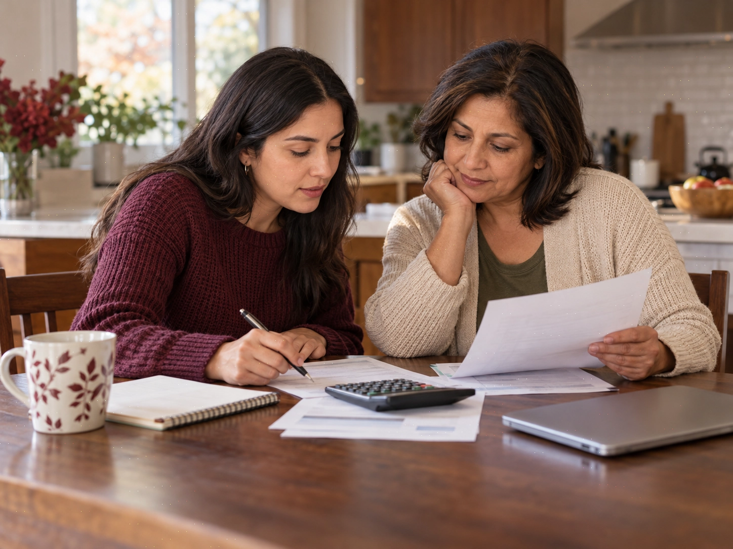 Two family members reviewing household finances at a kitchen table.