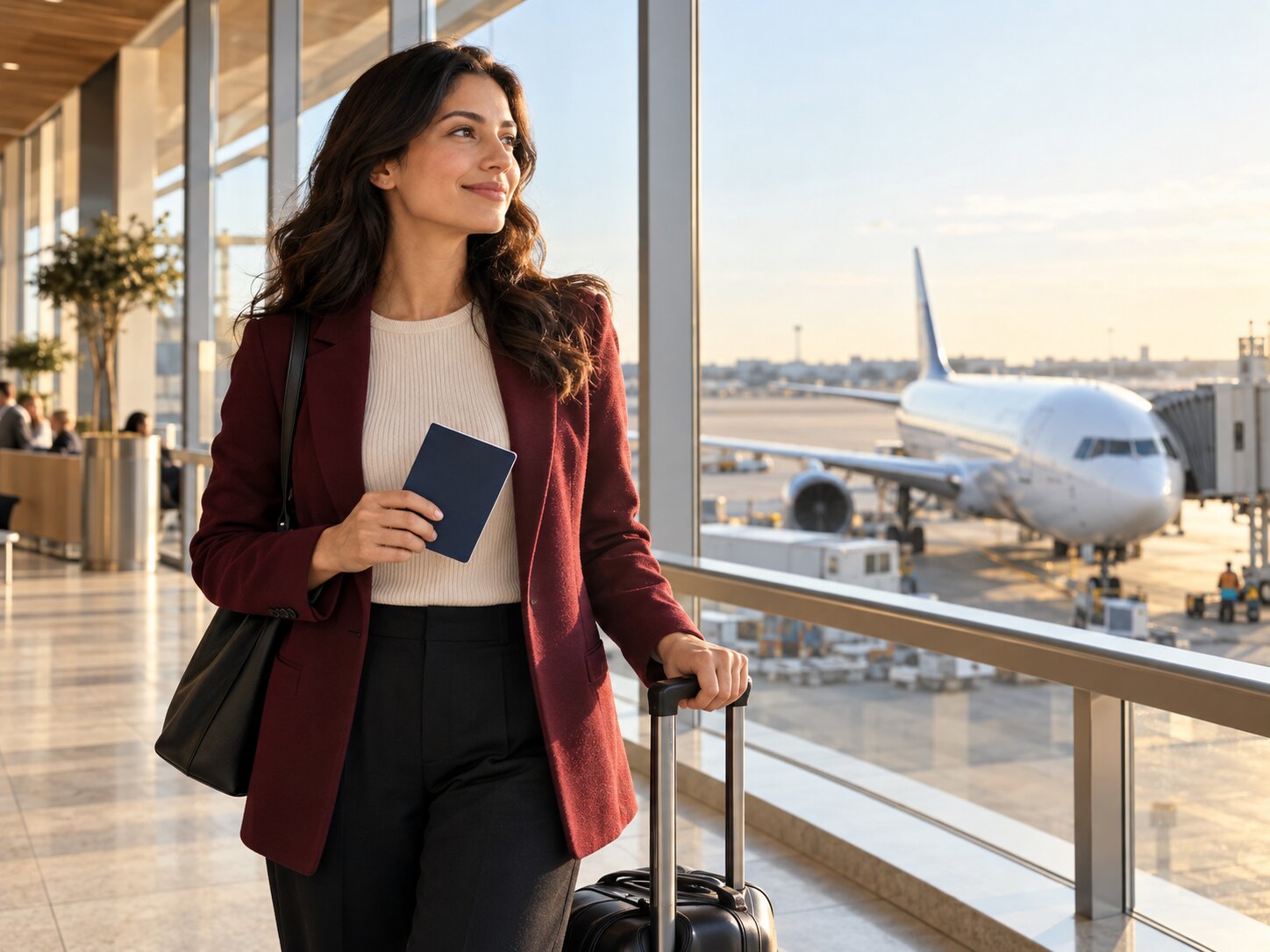 Traveler holding a passport beside luggage at an airport, with an airplane outside