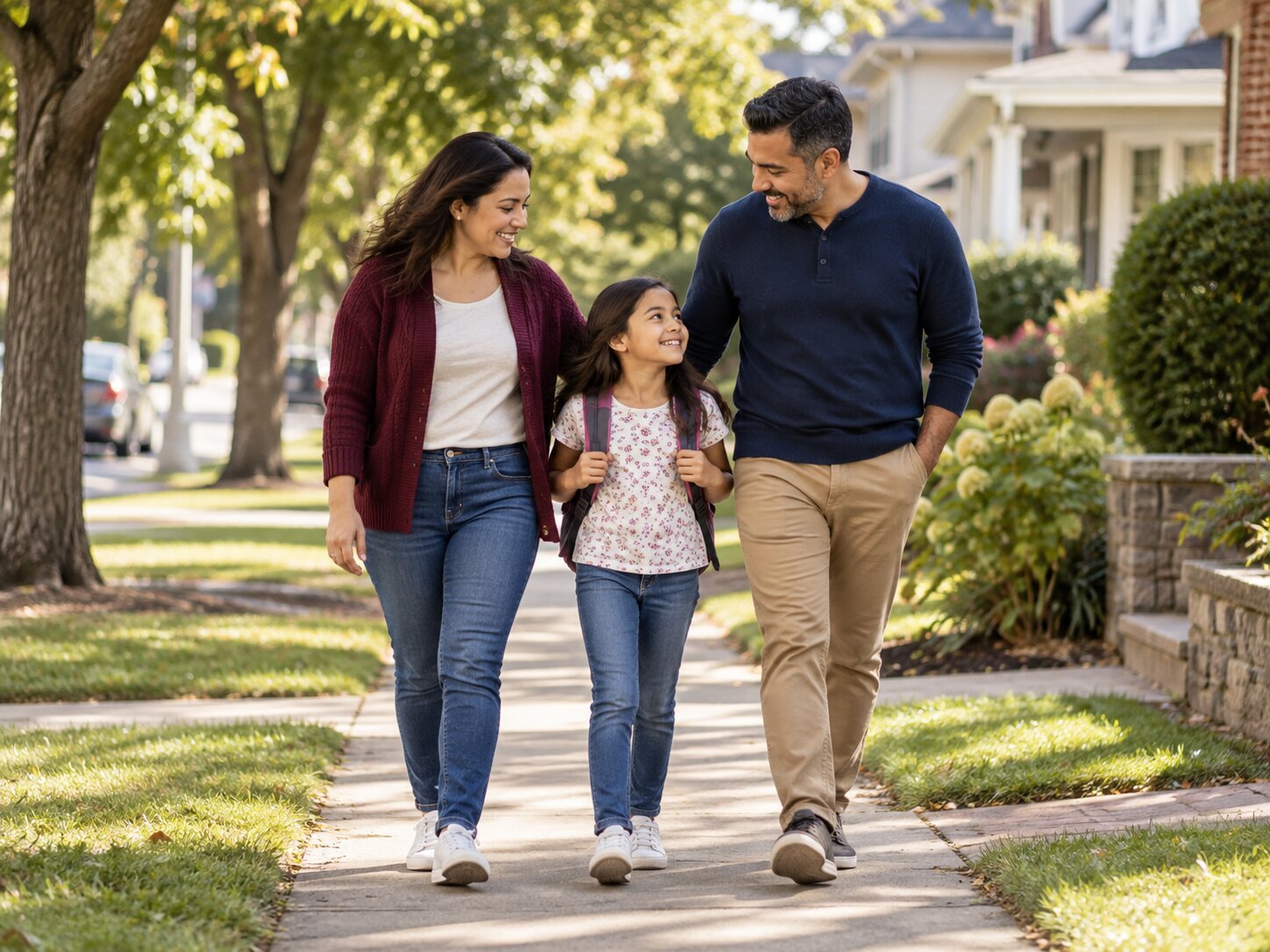 Parents walking with their child on a neighborhood sidewalk